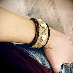 UPCYCLED!!♻️ Brown Leather Burlap Cross Leaves Beaded Cuff Bracelet